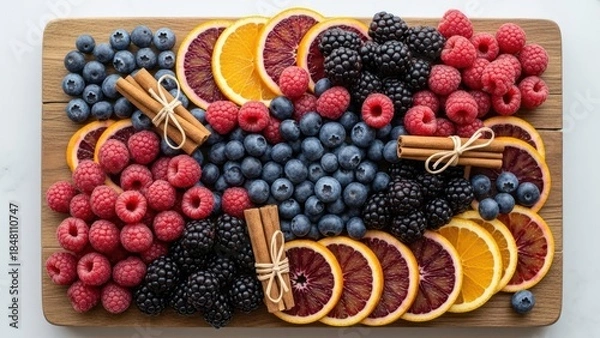 Fototapeta Holiday Fruit Platter with Berries, Oranges and Cinnamon in Warm Flat-Lay Style