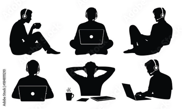 Fototapeta Customer Support Team Silhouette Using Headsets and Laptops