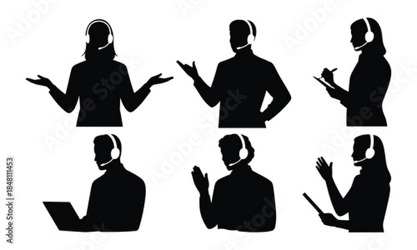 Fototapeta Customer Support Team Silhouette Using Headsets and Laptops