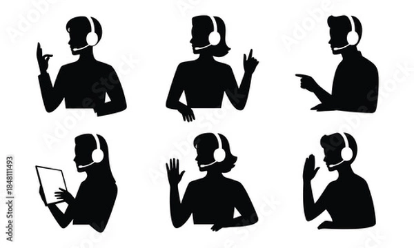 Fototapeta Customer Support Team Silhouette Using Headsets and Laptops