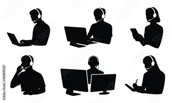 Fototapeta Customer Support Team Silhouette Using Headsets and Laptops