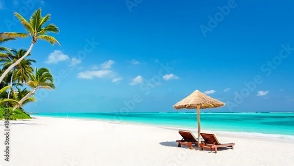 Fototapeta Tropical beach scene with palm trees and lounge chairs by turquoise ocean water on sunny day