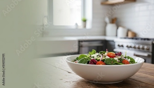 Fototapeta A close-up of a bowl of fresh green salad on a wooden table in a modern kitchen interior. Concepts of healthy eating, healthy lifestyle, home cooking and well-being, and post-holiday diet.