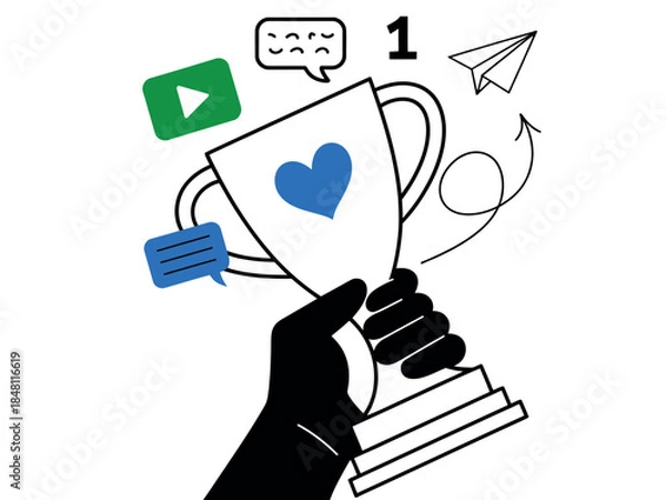 Obraz Hand Holding Trophy with Heart and Social Media Symbols