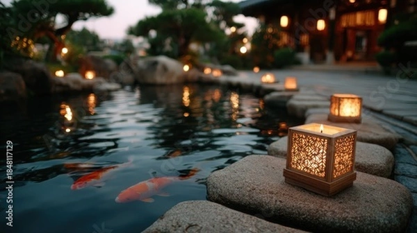 Obraz Beautiful serene pond adorned with glowing candles in a tranquil Japanese garden at dusk, evoking a sense of peace, reflection, and the art of Japanese culture.