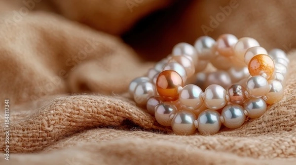 Obraz A classic pearl bracelet gracefully resting on soft, cozy fabric, highlighting elegance and nostalgia, combining natural beauty and warmth in an intimate setting.