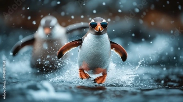 Obraz A charming penguin playfully splashing in water while wearing sunglasses, embodying joy and playfulness, capturing the fun spirit of summer and nature's humor.