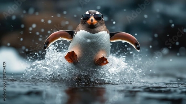 Obraz A cheerful penguin wearing sunglasses leaps joyfully through splashing water, embodying a fun summer vibe, making this a delightful image capturing the whimsy of nature's playful moments.