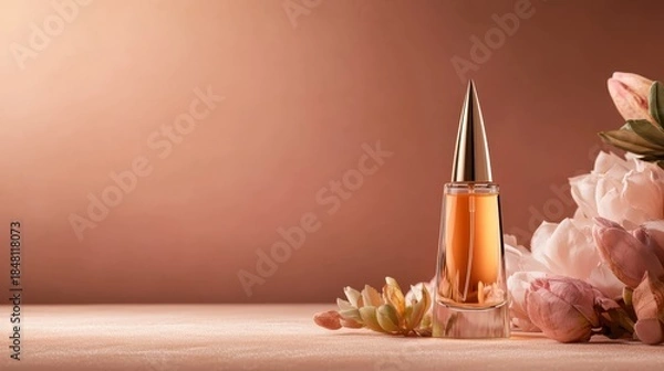Obraz This image features an elegantly designed perfume bottle surrounded by soft pastel flowers, highlighting beauty, luxury, and the art of fragrance in a calm and graceful setting.