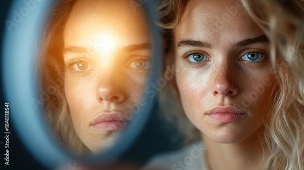 Obraz This image features a woman thoughtfully reflecting in a mirror, symbolizing self-exploration, introspection, and the importance of self-awareness in understanding emotions and identity.