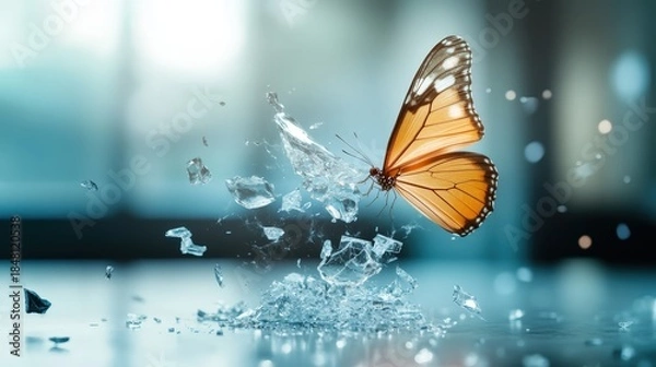 Obraz A stunning butterfly emerges gracefully, shattering glass as it takes flight, symbolizing beauty and fragility in a captivating, dynamic moment of nature and art combined.