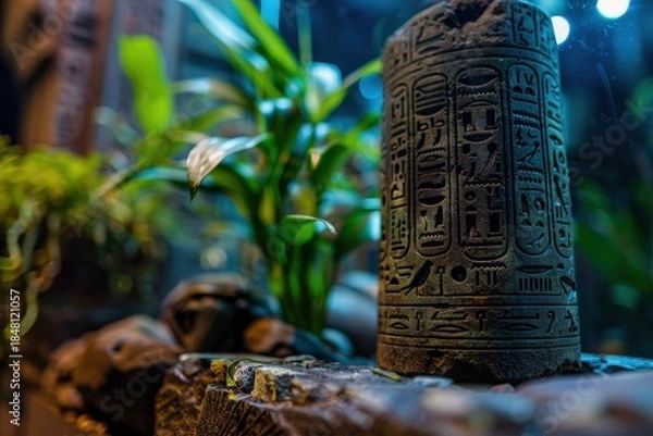 Obraz Intricately carved ancient relics showcasing symbols stand vibrantly amidst lush greenery, bridging history and nature, inviting curiosity and exploration in a captivating artistic presentation.