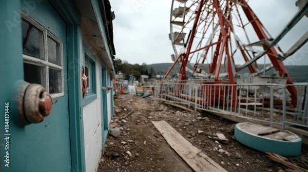 Obraz An eerie yet captivating view of an abandoned amusement park features a rusty ferris wheel surrounded by decaying structures, evoking feelings of nostalgia and melancholy.