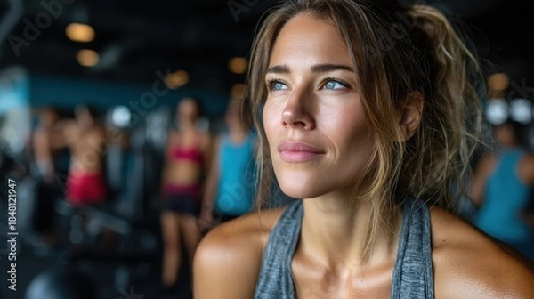 Obraz A focused woman gazes ahead in the gym with an intense look of determination and motivation, showcasing her dedication to fitness and personal growth amidst a busy workout environment.