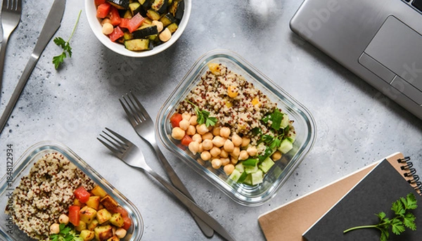Fototapeta Nutritious Meal Prep Containers and Laptop on a Workspace, Ideal for Healthy Desk Lunch
