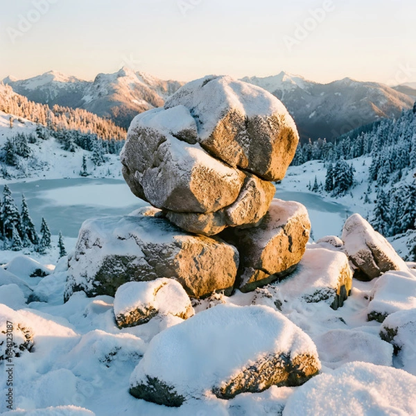 Fototapeta Snow-covered boulders in a serene mountain landscape at sunrise
