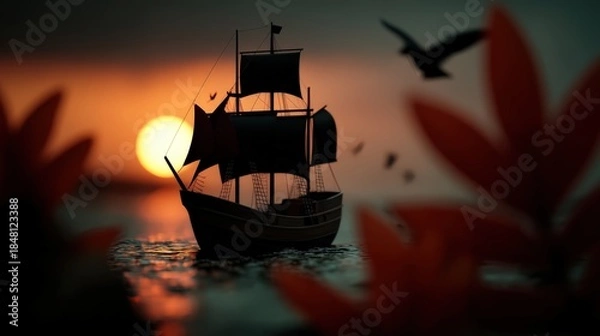 Obraz A stunning model ship takes center stage against a vibrant sunset, showcasing intricate details as silhouetted against a backdrop of brilliant colors reflecting over calm waters.