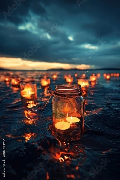 Obraz A serene scene of glowing candles floating on calm waters against a vibrant sunset sky. The enchanting atmosphere reflects tranquility and hope, inviting viewers into a peaceful moment.