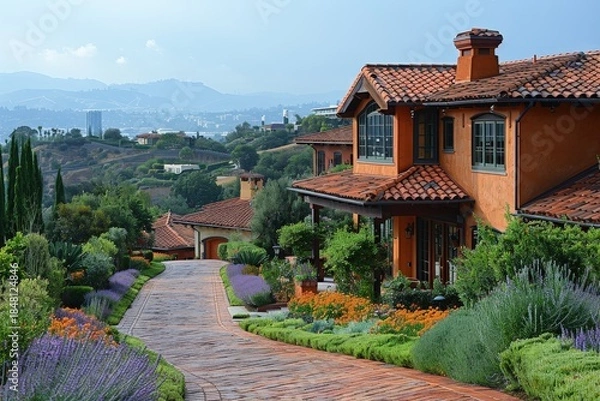 Obraz A picturesque house set amidst vibrant flower gardens and scenic hills offers a serene retreat, highlighting nature’s beauty and the harmonious blend of architecture and landscape.