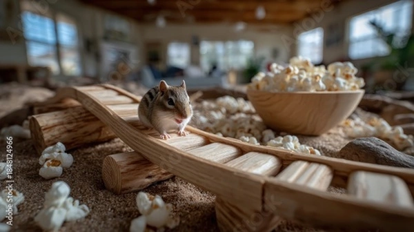 Obraz A cute chipmunk exploring a miniature wooden railway surrounded by scattered popcorn, embodying a playful and whimsical atmosphere capturing the essence of small animal antics.