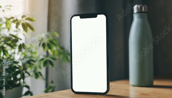 Fototapeta Modern Smartphone Mockup with Blank White Screen on Wooden Table and Plant