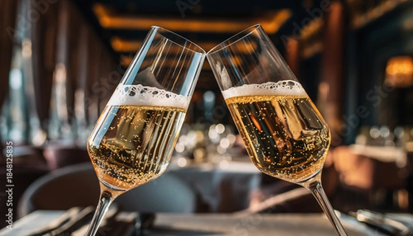 Fototapeta Two sparkling flutes clinking in an elegant restaurant setting, a festive toast