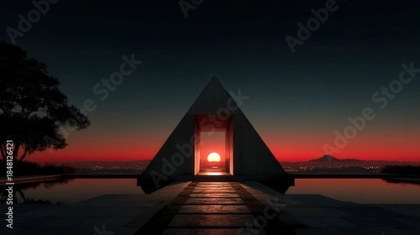 Obraz This stunning image showcases a triangular pyramid structure framed by the vibrant hues of the sunset, providing a perfect blend of nature and architecture in a harmonious setting.