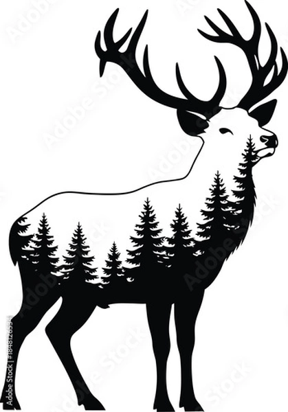 Obraz Elk silhouette with pine trees inside body standing proudly .
