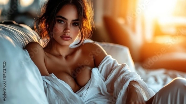 Obraz In a softly lit setting, a captivating woman lounges warmly in bed, wrapped in white fabric, highlighting her natural beauty and inviting a sense of intimacy and warmth in the room.