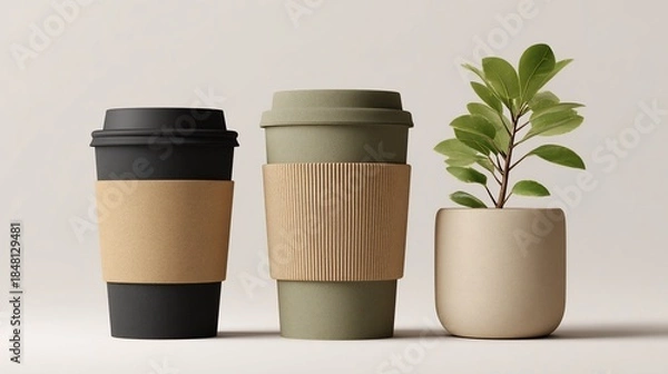 Fototapeta Three takeaway coffee cups with cardboard sleeves, a plant in a pot