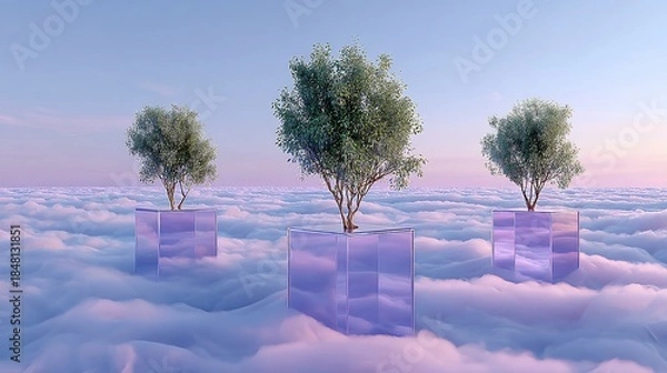 Fototapeta Three trees atop reflective blocks float above cloudscape, pastel sky backdrop