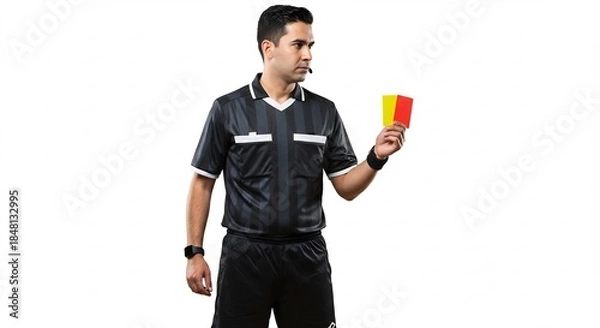 Obraz 明るいスタジオでサッカー審判が笛を吹き真剣な表情で警告カードを掲げる. AI Generated