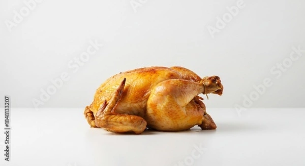 Obraz 明るく柔らかな光が均一に降り注ぎ焼きたての丸ごとローストチキンが黄金色に輝くジューシーな肉とパリパリの皮が食欲を刺激し白い背景で美しく映える特別なメインディッシュ. AI Generated