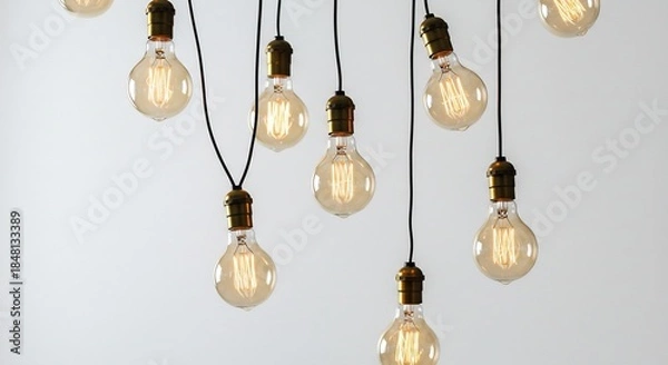 Obraz 白いシンプルな空間に温かい光を放つレトロなフィラメント電球が不規則に吊るされる多灯照明美しい柔らかな輝きが部屋に心地よい雰囲気を与える. AI Generated