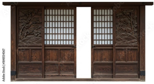 Obraz 木彫りの精緻な美しさが際立つ伝統的な和風引き戸。重厚な木材に施された細やかな彫刻と繊細な格子が日本の伝統美と職人技の深みを優雅に空間へ語りかける。. AI Generated