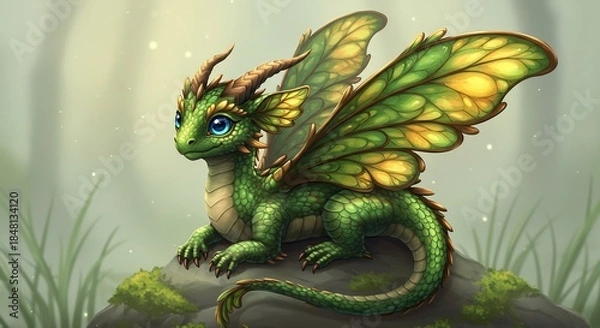 Obraz 苔むした岩で穏やかに休む緑の羽根を持つ幼い竜 幻想的な森の柔らかな光が優しく包む. AI Generated