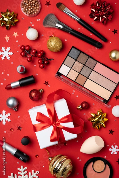 Obraz Winter cosmetic, make-up products. Christmas sale and shopping concept.