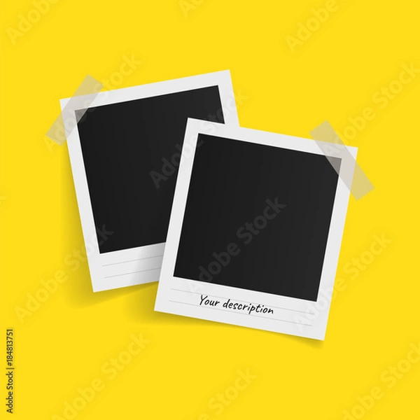 Fototapeta Polaroid photo frames on sticky tape on yellow background. Vector illustration.