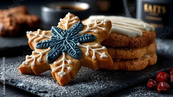 Obraz Delicious snowflake cookies with icing on a black slate plate