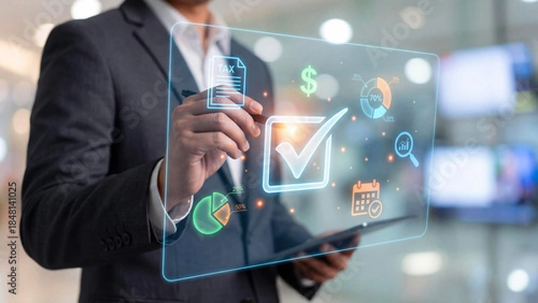 Fototapeta Caucasian adult in suit uses stylus on transparent screen with icons for tax, charts, cash, and tasks. A modern moment of finance and planning, ideal for business, tech, or analytics content.