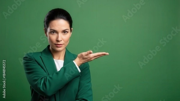 Fototapeta Confident businesswoman dressed in green suit presenting with open hand gesture against a plain