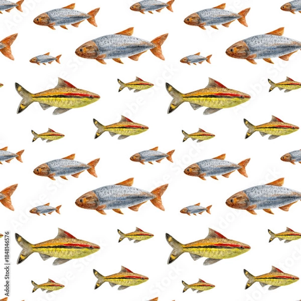 Fototapeta Watercolor seamless fish pattern. Hand-drawn illustration of a school of fish. Nautical theme.