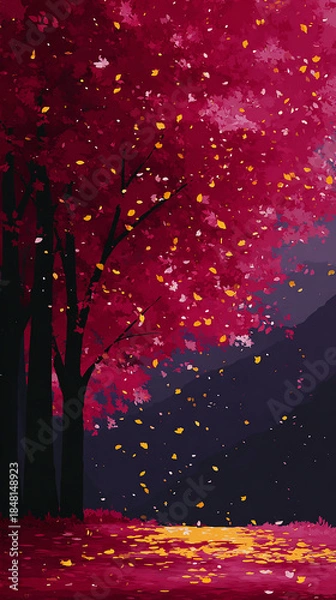 Obraz Pink Autumn Tree with Falling Yellow Leaves