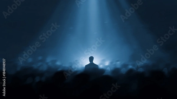 Obraz Man Silhouette Under Blue Spotlight in Large Hall