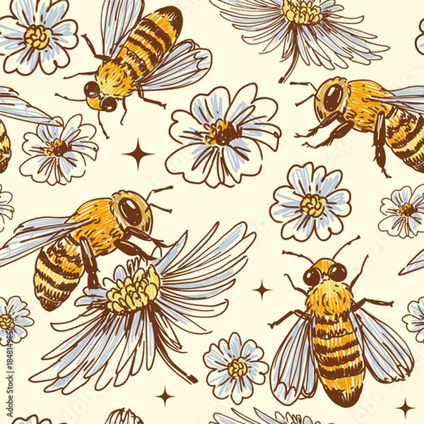 Obraz Honey bee  seamless pattern,  hand drawn vector illustration, transparent background