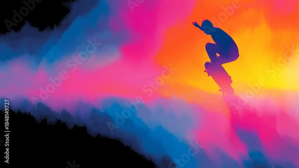Obraz Abstract Silhouette of Skateboarder on Colorful Cloud