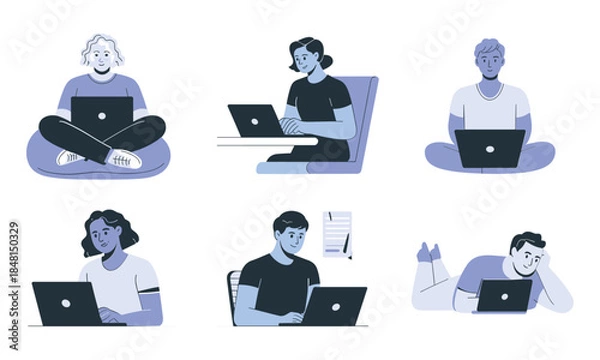 Fototapeta Remote Work and Study Silhouettes in Cozy Settings