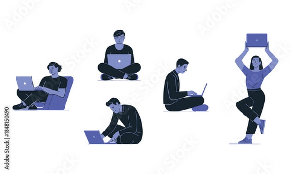 Fototapeta Stylized Illustrations of People Using Laptops Comfortably