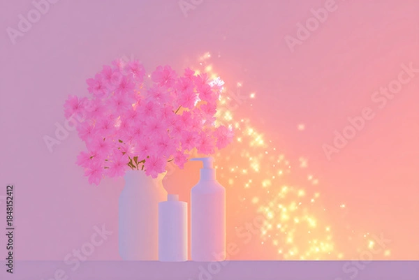 Obraz Pink Flowers and Cosmetic Bottles with Magic Light