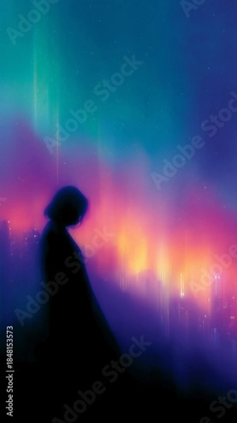 Obraz Dreamy Silhouette of Woman Against Blurred City Night Lights